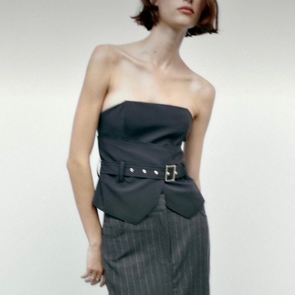 Zara NWOT dark gray strapless corset belted tube top - Picture 3 of 10